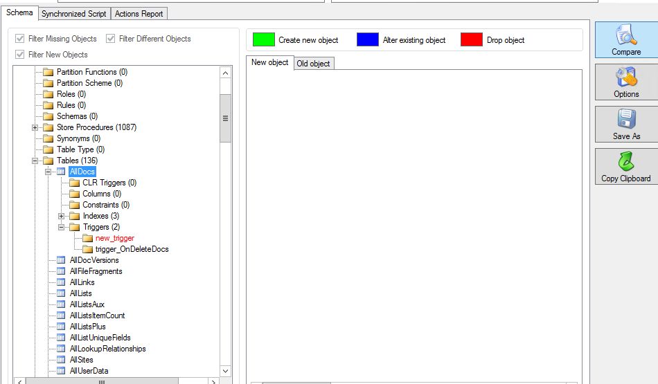 Results of database schema compare tool