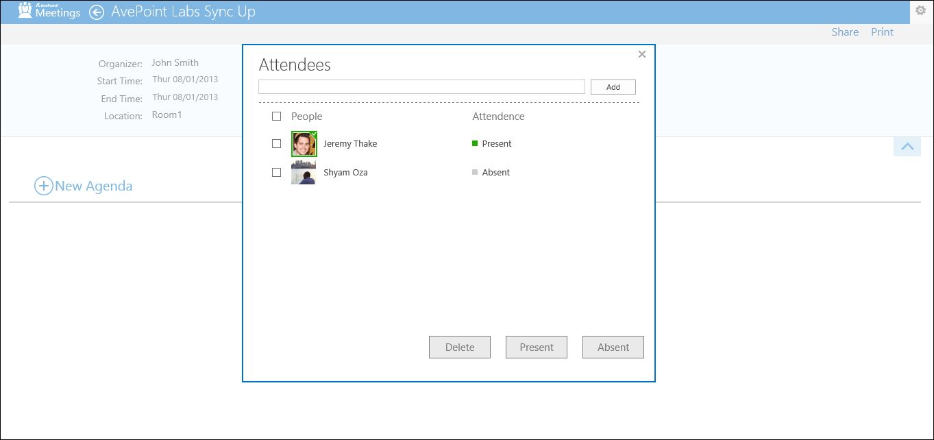 Figure 1: AvePoint Meetings v.2 features “roll call” capabilities for automatic creation of attendee lists based on previous or