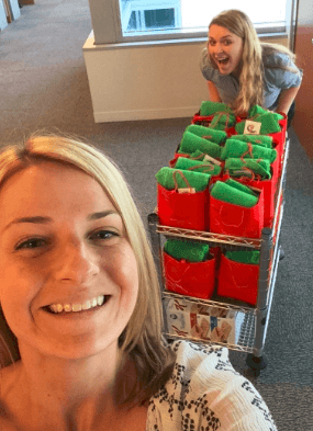 Delivering gift bags to the runners