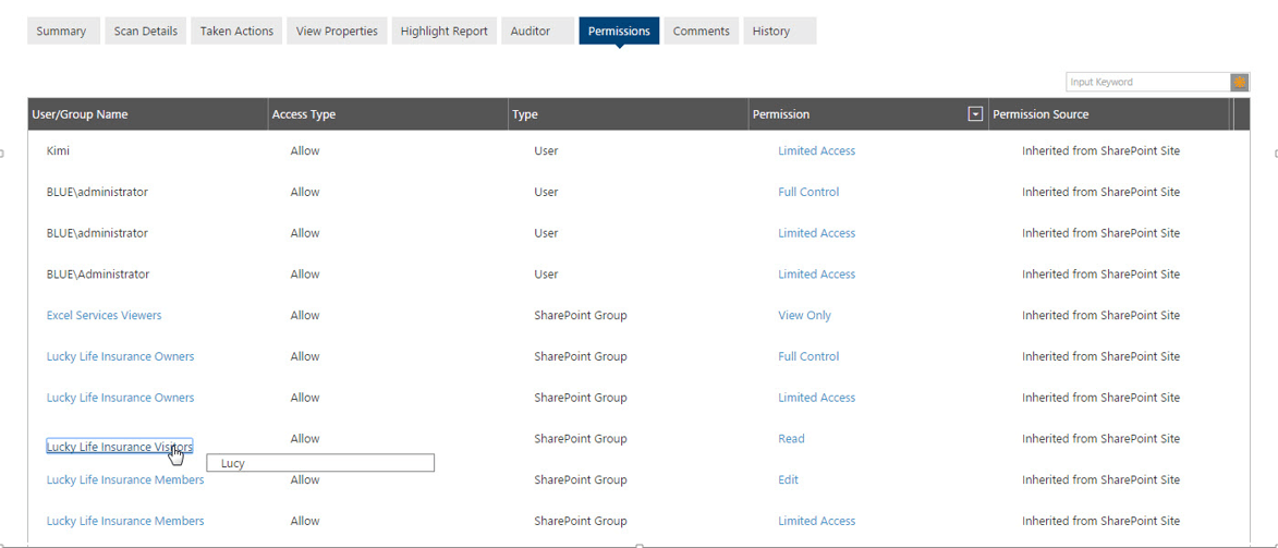 The Permissions tab gives an overview of who has access to the document in question.