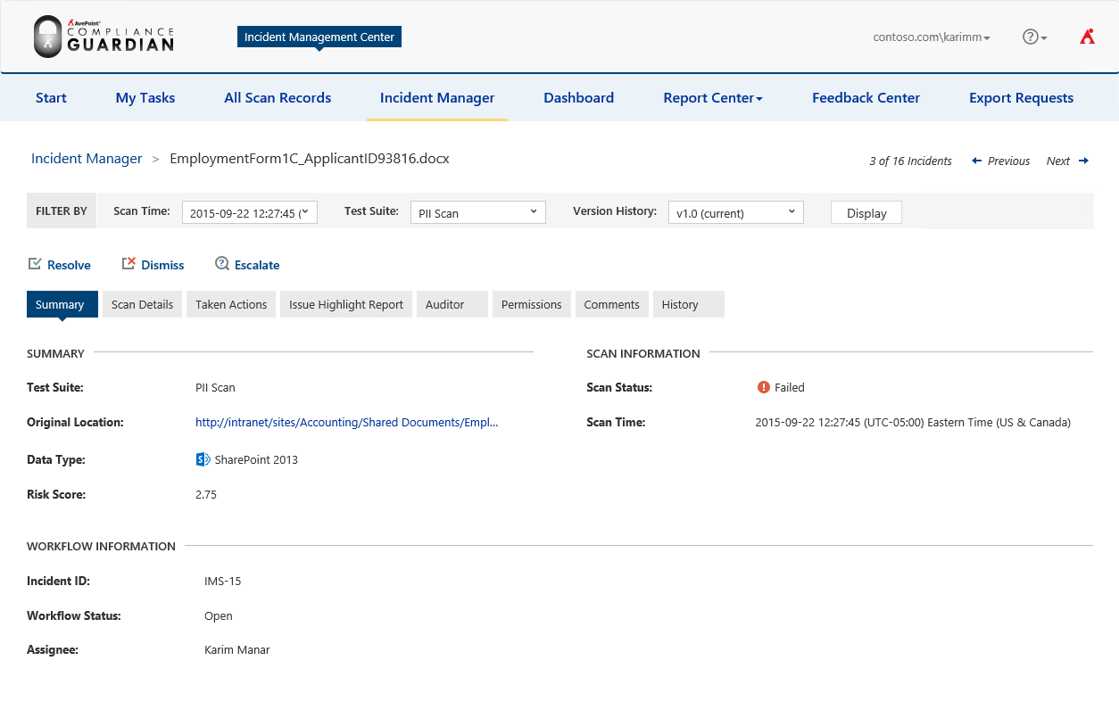 AvePoint Compliance Guardian's Incident Management Center gives the user an overview of the incident.