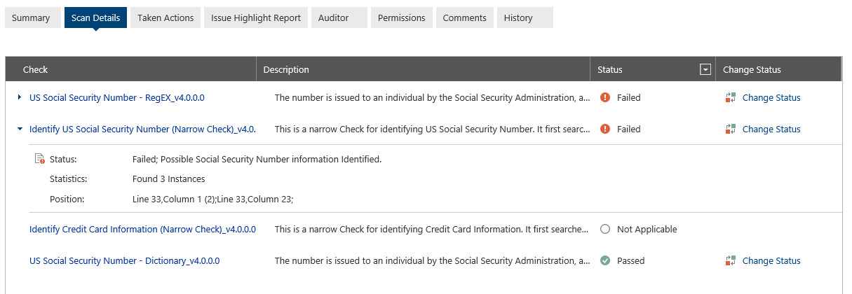 The Scan Details tab explains why the document failed a scan for sensitive information.