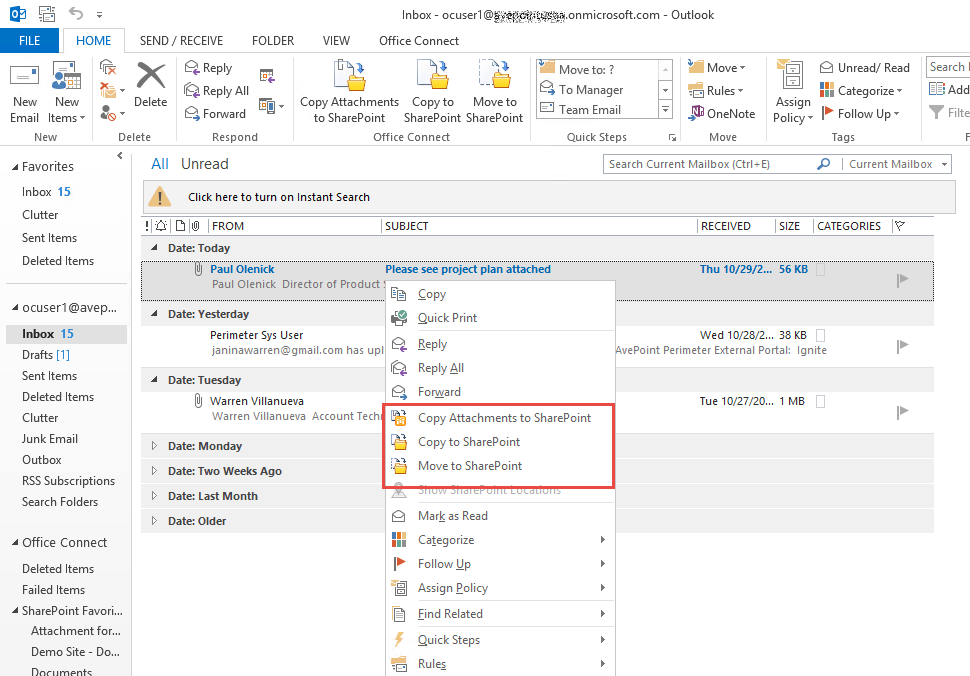 AvePoint Office Connect integrates with Outlook, enabling users to easily move emails and attachments directly to SharePoint.