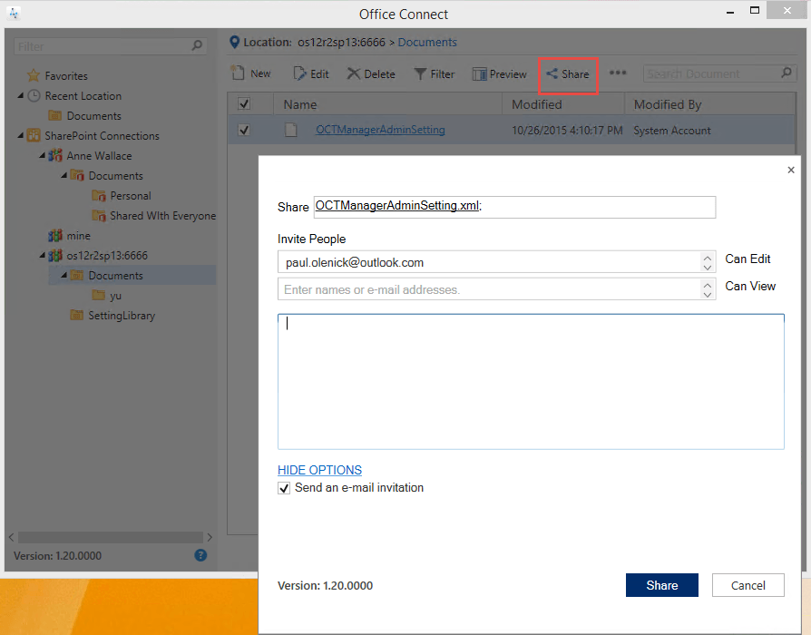 AvePoint Office Connect SP 2 allows users to share content directly from the Office Connect Explorer interface.