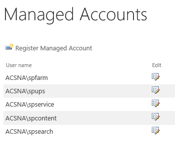 Managed service accounts in SharePoint Central Administration.