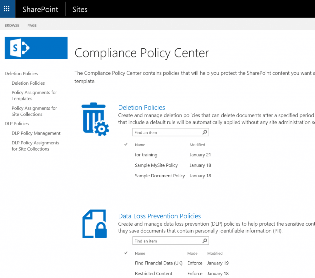The Compliance Policy Center with DLP Policies in SharePoint 2016.