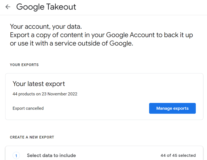 Screenshot of export menu in Google Takeout