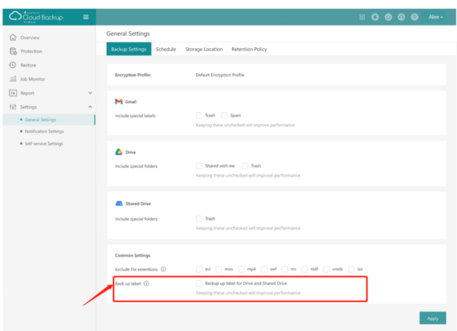 screenshot of cloud backup for google workspace