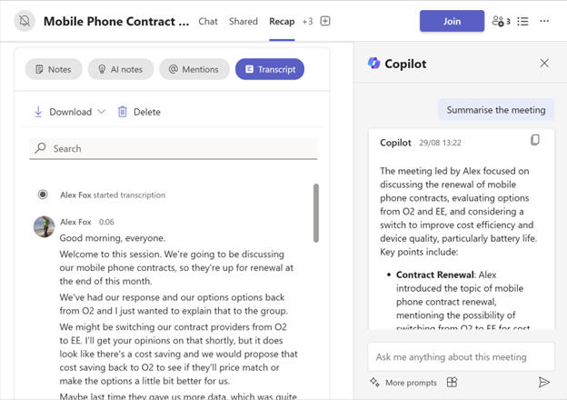 Copilot to summarise the meeting, providing the key points from the lengthy transcript.
