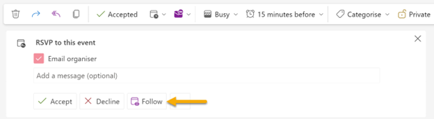 The RSVP options for an upcoming meeting displaying the options to Accept, Decline or Follow the meeting.