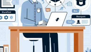 Share Point と Box を統合して活用しようとする男性のシンプルなイラスト