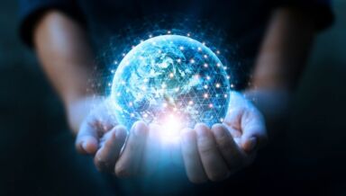 Man hands holding blue earth and global networking connection and picture id1195693425