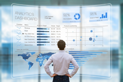 Businessman analyzing business analytics or intelligence dashboard vr picture id878863766