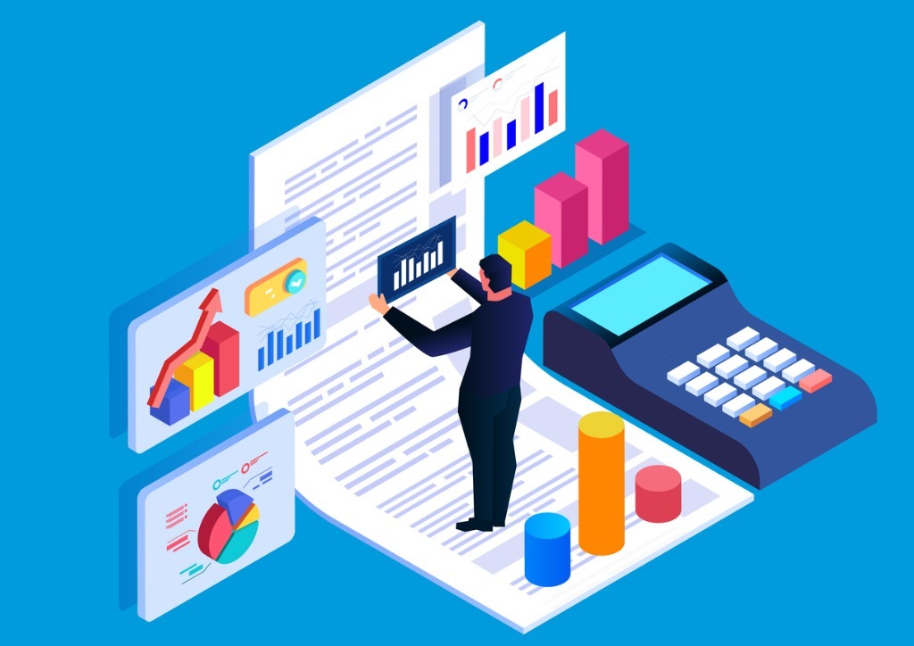 Accounting financial analyst data analysis isometric businessman on vector id1364208507