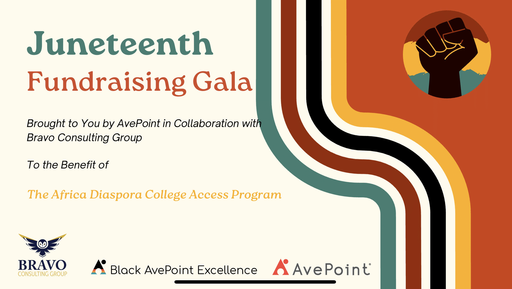 Flyer for Juneteenth Fundraising Gala held by AvePoint and Bravo Consulting Group
